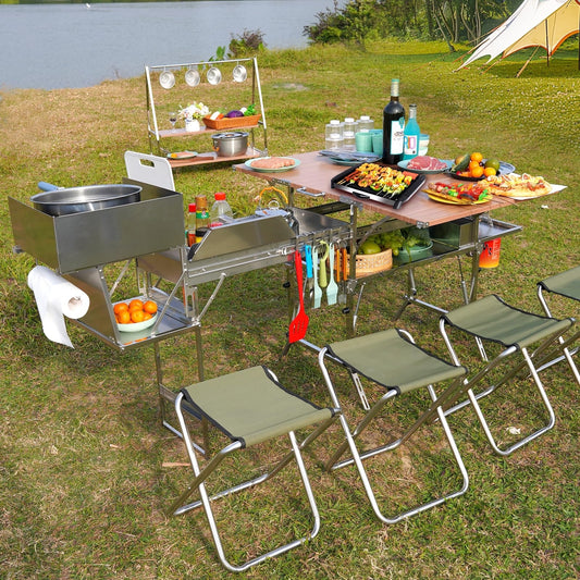 D881 Mobile Camp Kitchen – Folding Stainless Steel Cooking Station for Blackstone & RV
