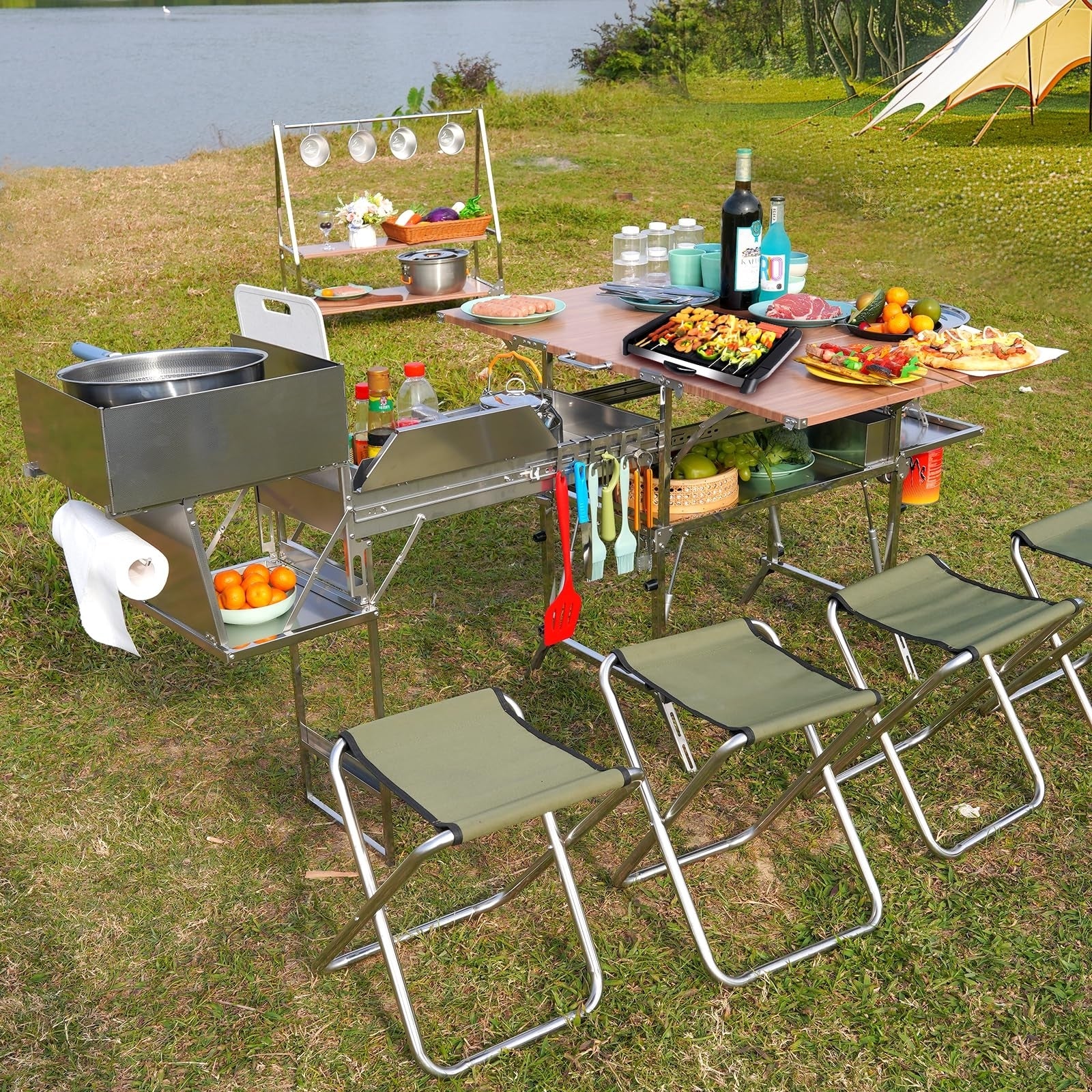 D881 Mobile Camp Kitchen – Folding Stainless Steel Cooking Station for Blackstone & RV