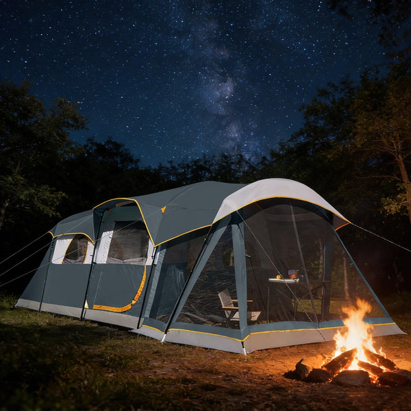 8-Person Waterproof Tunnel Tent with Screened Porch – Extra Large Family Camping Tent 20' x 9', Cabin Style, Rain Fly Included