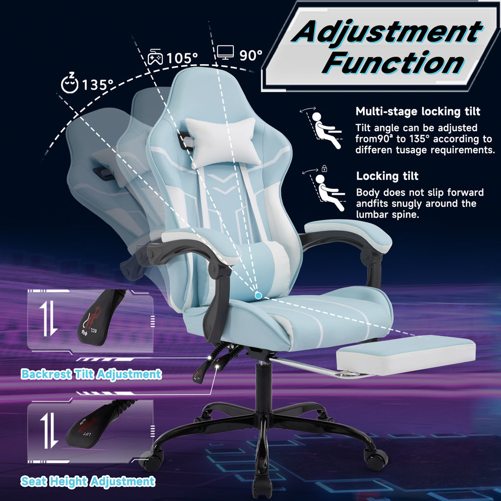 Gaming Chair, Computer Chair Ergonomic Chair With Footrest Office Chair Ergonomic Computer Chair With Lumbar Backrest Bluewhite