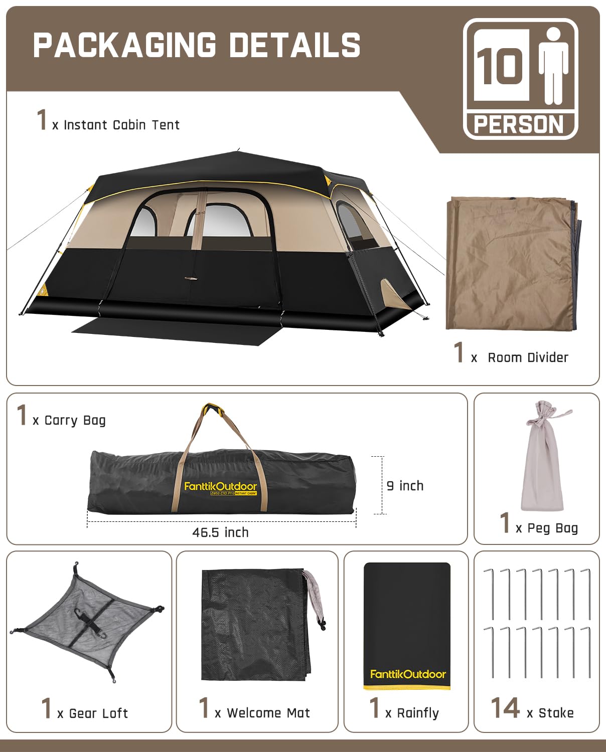 FanttikOutdoor 8-Person Instant Cabin Tent – 60 Second Setup, Waterproof Rainfly & Windproof, Large Family Camping Tent with Carry Bag